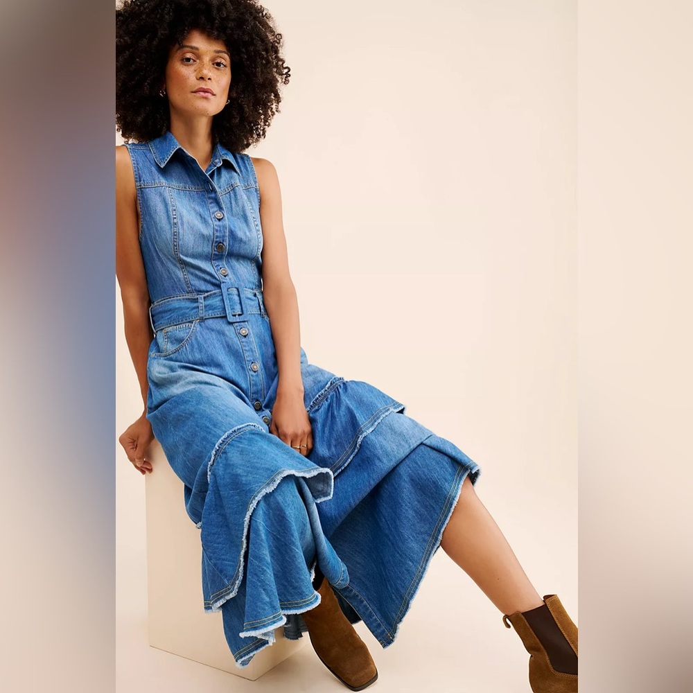 Free People Blue Denim Sleeveless Maxi Dress with Ruffle Detail - Picture 3 of 7